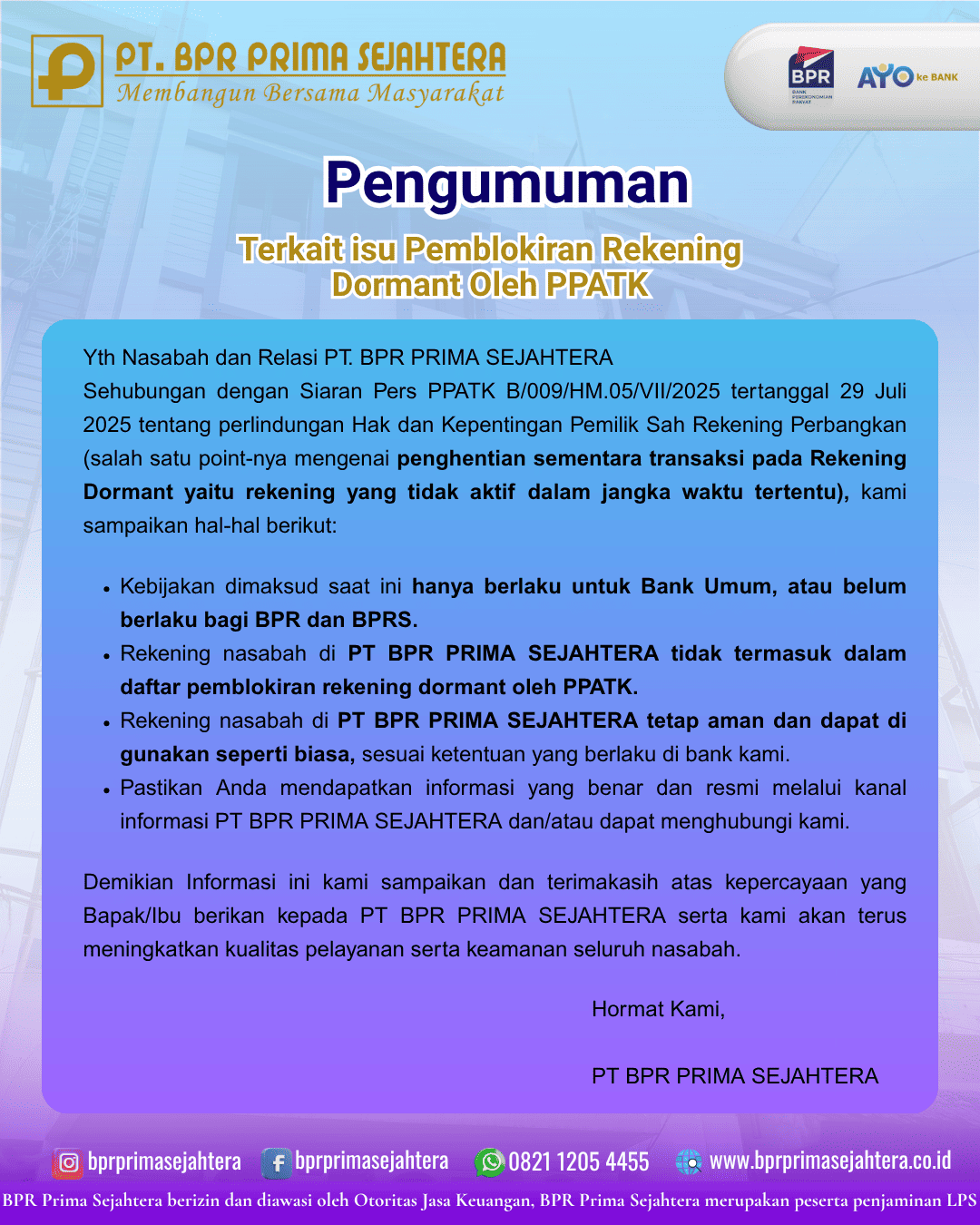 INFORMASI TERKAIT PEMBLOKIRAN REKENING DOMANT OLEH PPATK